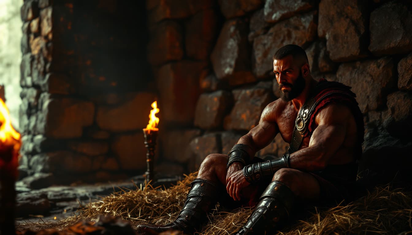 AI generated: gladiator's chamber, dimly lit by torches, ancient stone walls covered in scratch marks, a muscular ...