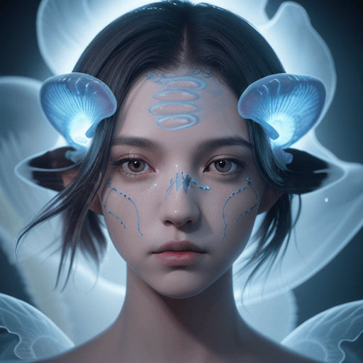 AI generated: Angel close-up portrait ribcagel. jellyfish phoenix head, nautilus, orchid, skull, betta fish, biolu...