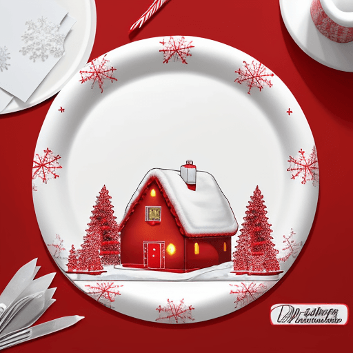 AI generated: red paper plate with white Christmas themed houses and trees pattern, sticker sheet, with a photo re...