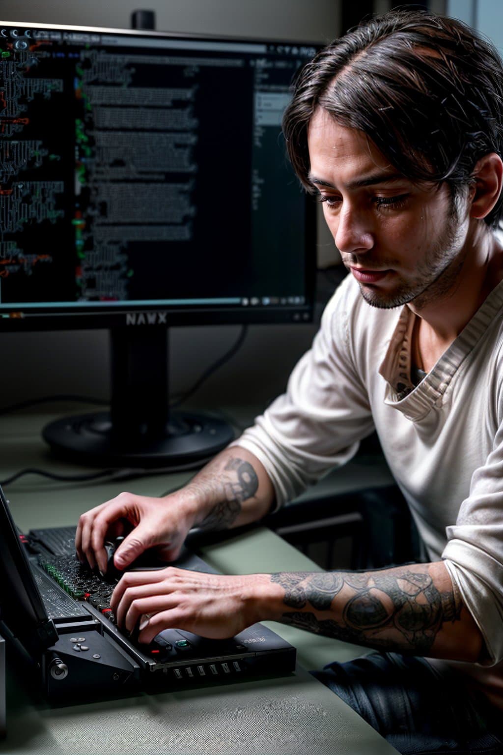 AI generated: Photo of a (programmer:1.3) works at a computer, who are zen and calm, photography, detailed skin, r...