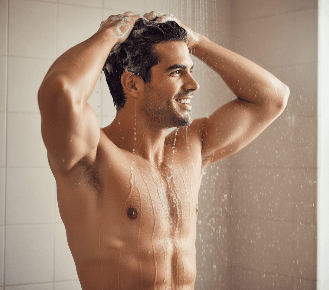 AI generated: The Hispanic male is taking a shower with his head up right looking up with the water falling on him...
