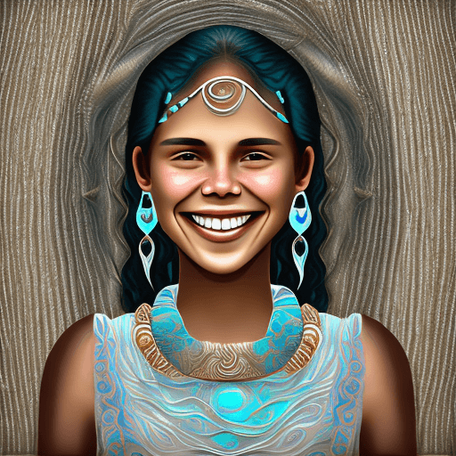 AI generated: a girl smiling, in the style of reefwave, metalwork jewelry, goa-insprired motifs, eco-friendly craf...