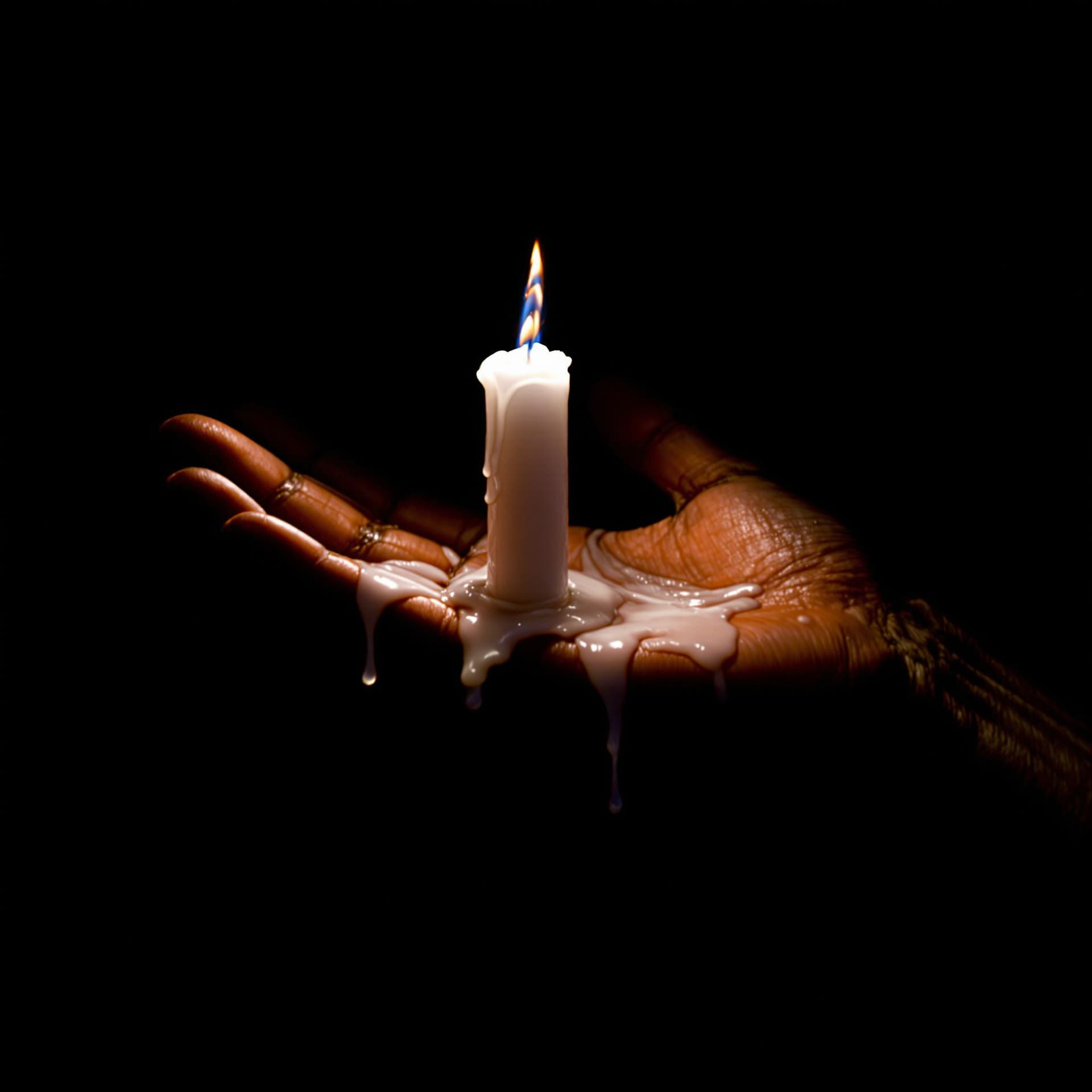 AI generated: The image depicts a hand holding a lit candle against a dark background. The candle is white, with w...