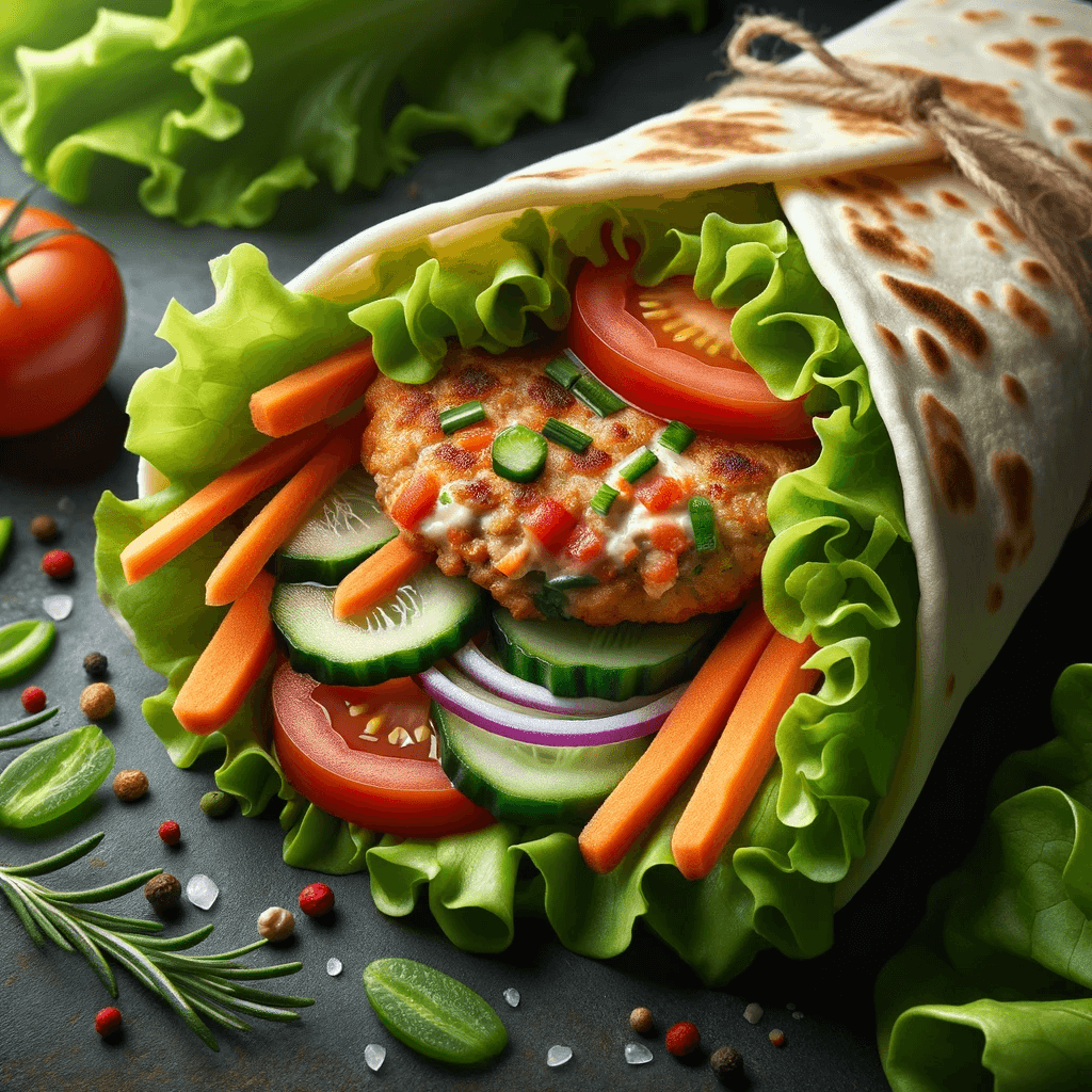 AI generated: lavash wrap filled with chicken, carrot, tomato, and iceberg lettuce. The delicious patty inside the...
