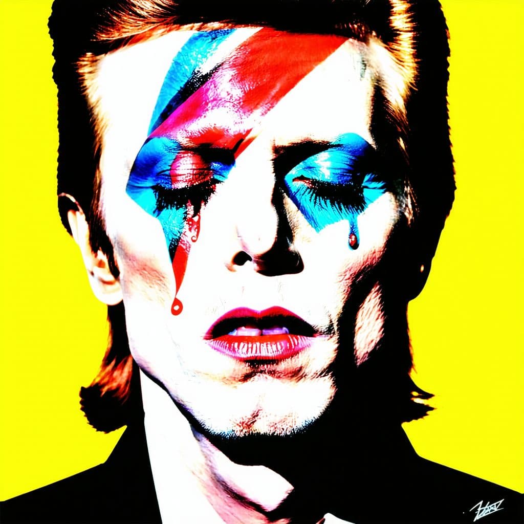 AI generated: dreamy illustration of David Bowie, Ziggy Stardust era, red and blue face paint, eyes gently closed,...