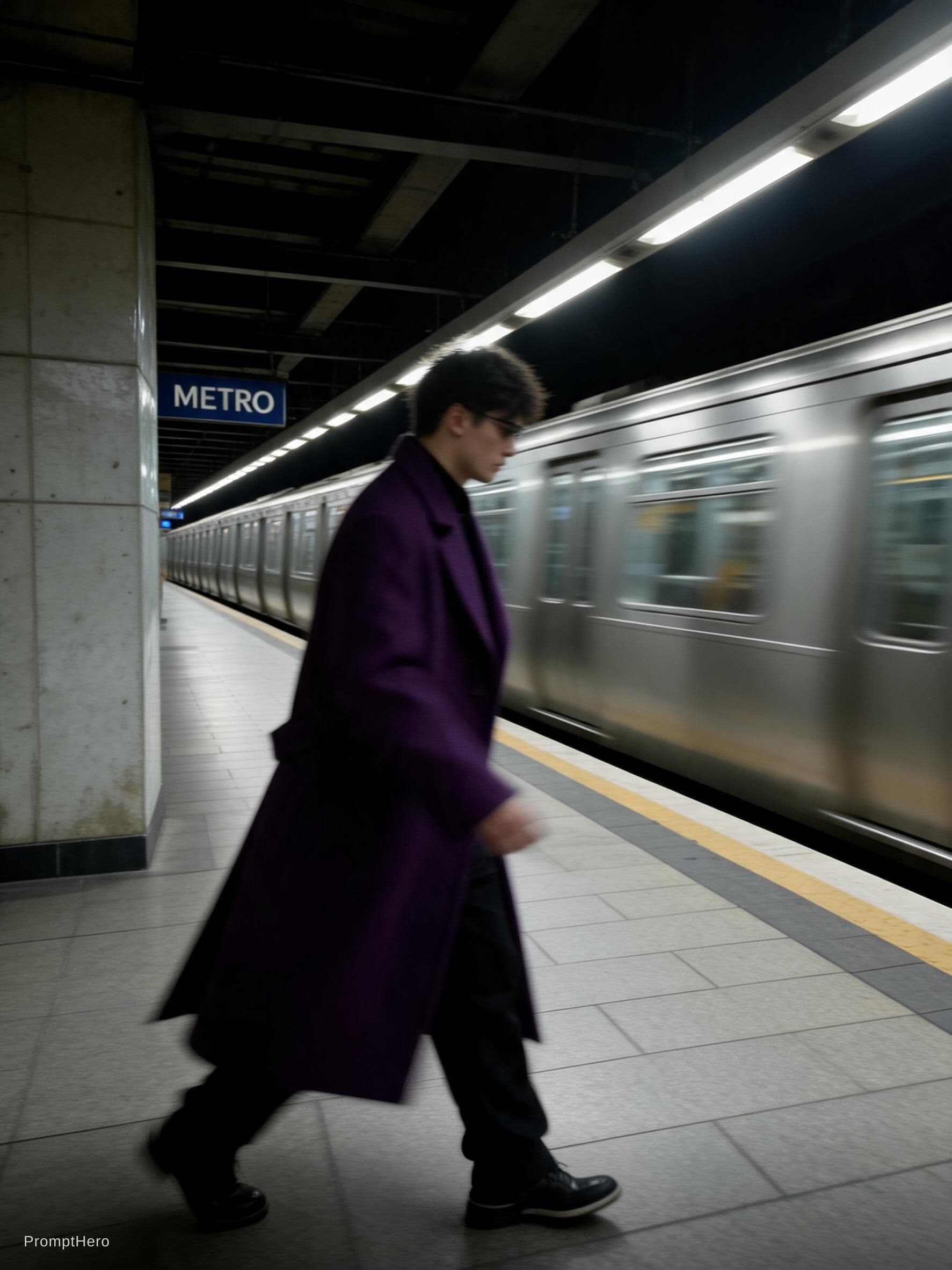 AI generated: fashion editorial photography, motion blur, male model, wearing an wool coat, deep purple color, wal...