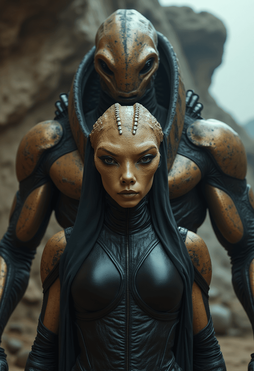 AI generated: In the foreground a beautiful brown and tan reptilian alien, wearing black armor covering body, no h...