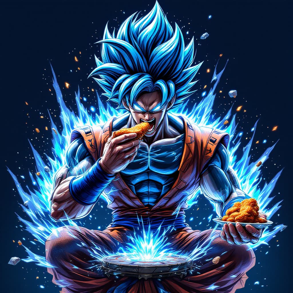 AI generated: realistic style, Goku eating chicken wing with one hand and another chicken wing in other hand, ragi...
