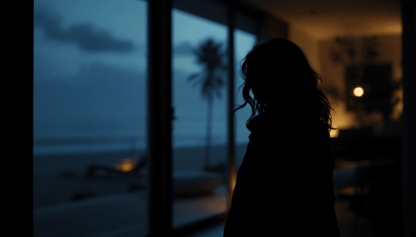 AI generated: Solid black silhouette of a woman with slightly wavy hair, walking inside a modern beach house at ni...