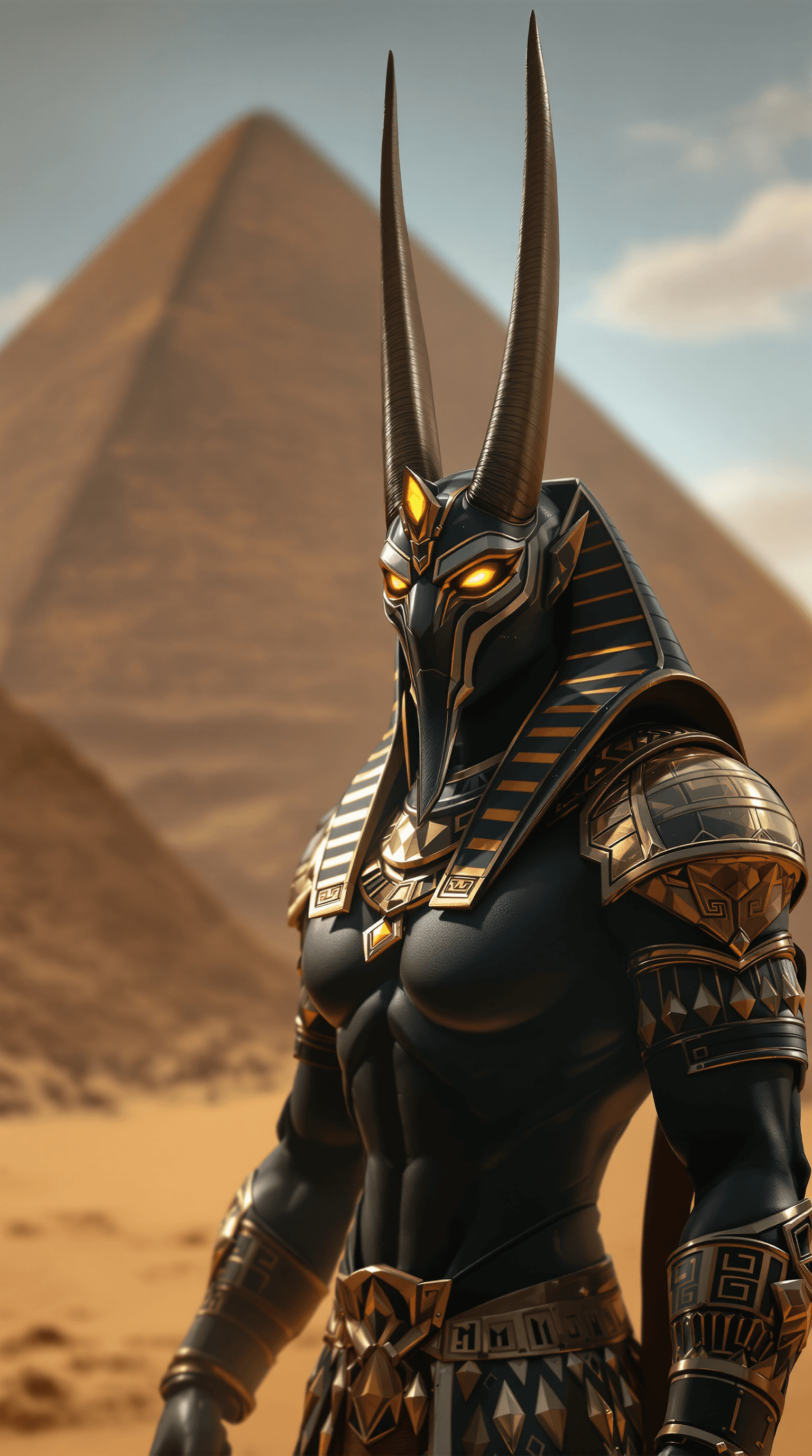 AI generated: anubis god egypt, background pyramid, glowing eyes, god, egypt, sand, armor