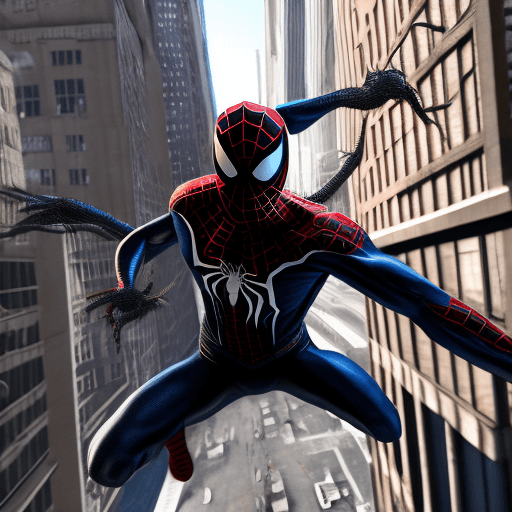 AI generated: venom suit spider man, New york street as background, ray traicing, High detail color photo, a profe...