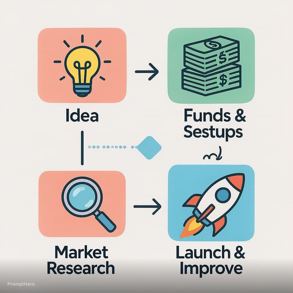 AI generated: Flowchart with four stages: “Idea” (lightbulb), “Funds & Setup” (money icon), “Market Research” (mag...