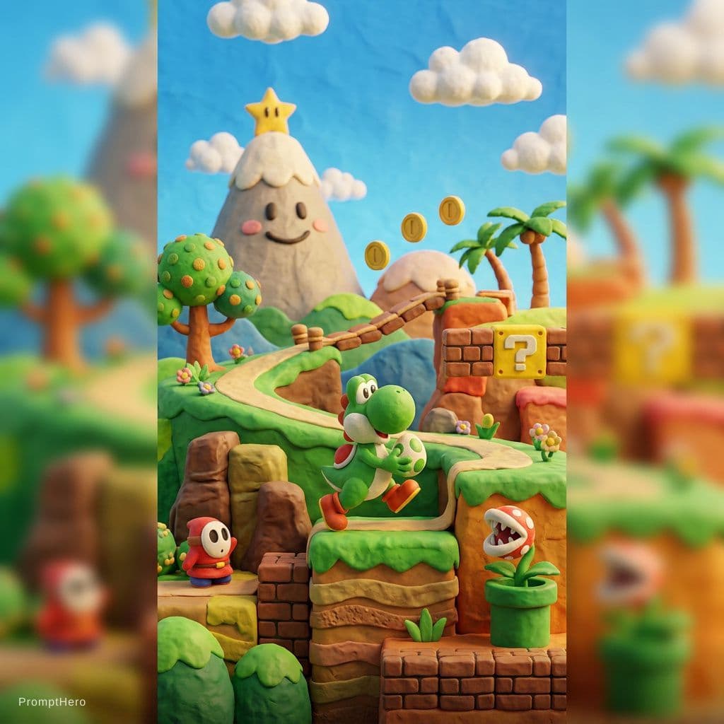 AI generated: yoshi::1 island world,fancy,3D,game, clay material --ar 9:16 --v 5.2 --q 2 --s 500