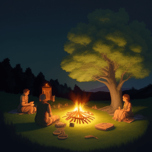 AI generated: Summer night pagan ritual with a bonfire on a hillside, oak tree, 4k digital art studio ghibli style