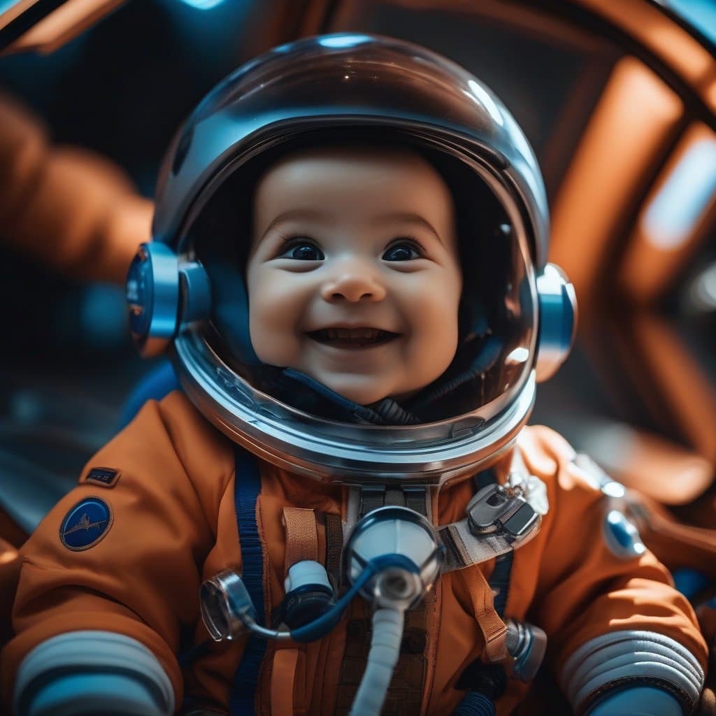 AI generated: highest quality photo of laughing baby space explorer (orange:5), (blue:6) (tight jumpsuit), alien s...