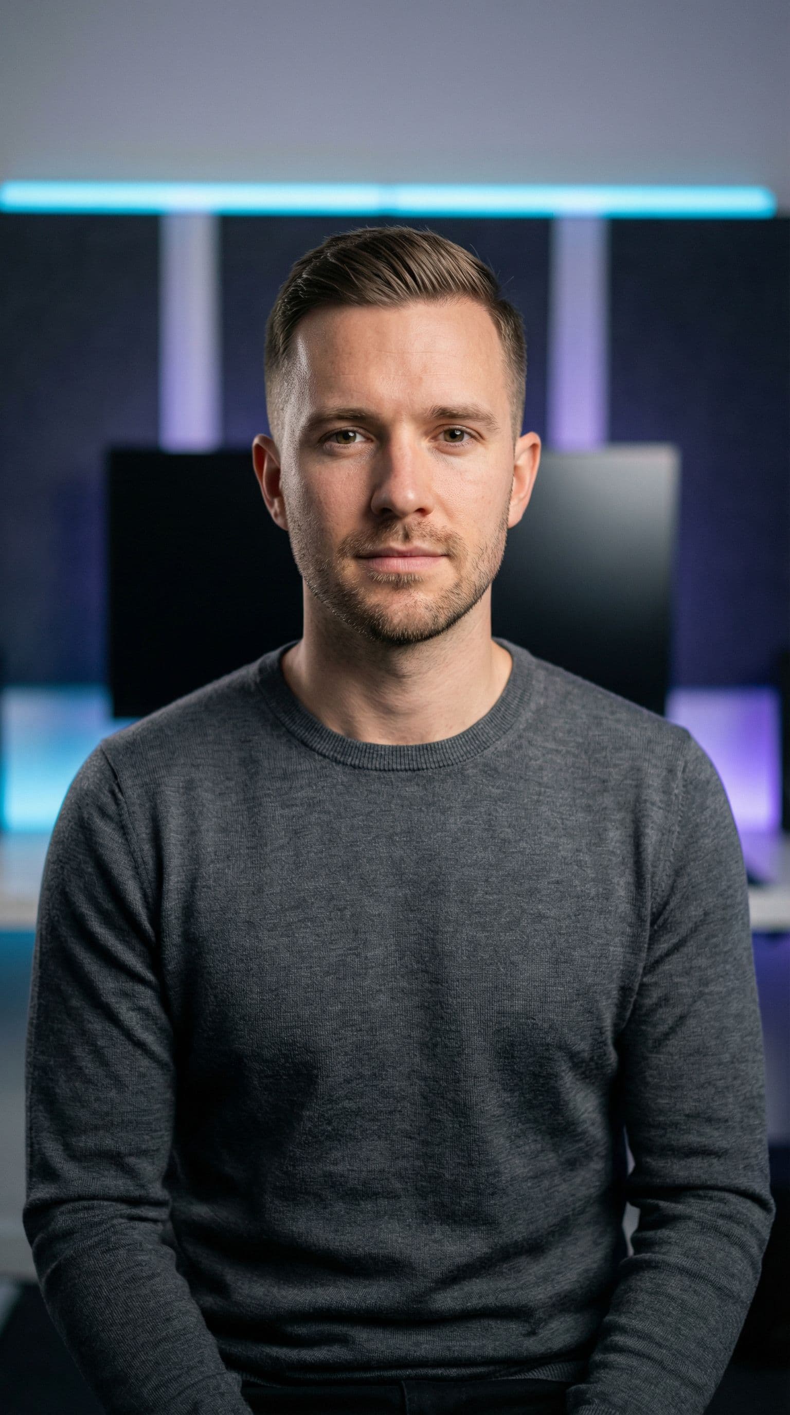 AI generated: Ultra-realistic professional portrait of a North American man in his early 30s.

Casual outfit: plai...