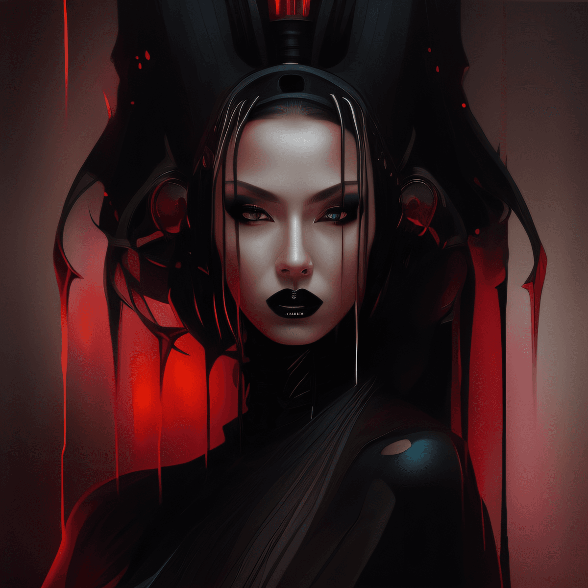 AI generated: arafed woman with black hair and a black dress with blood dripping down her face, gothic and futuris...