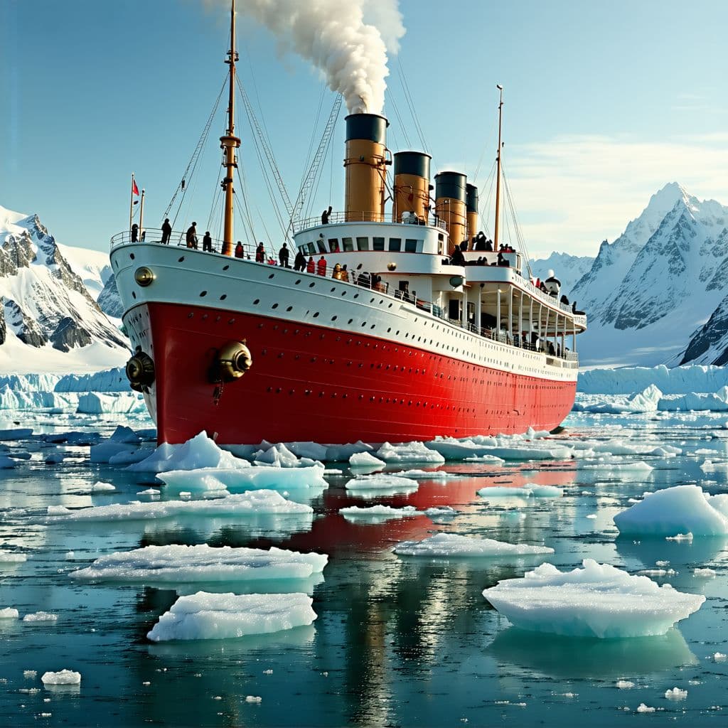 AI generated: Imagine a photorealistic depiction of a 1920s steampunk red-hulled icebreaker ship with a white brid...