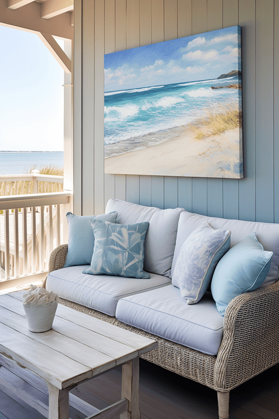 AI generated: A coastal design with beachy building style, pastel & oceanic impressionist color on exterior walls,...