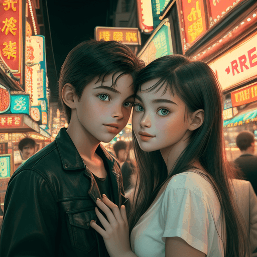 AI generated: realistic portrait of very beautiful girl with boy,girl and boy look at each other, a young supermod...