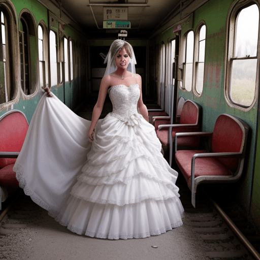 AI generated: imagen fotográfica realista de chica posando traje de novia en vias de tren abandonadas