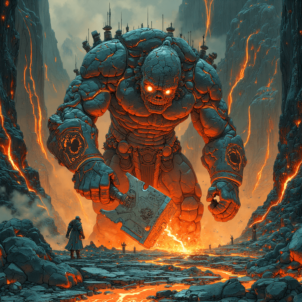 AI generated: In the heart of a massive volcanic chasm, a colossal humanoid figure—half stone, half molten lava—st...