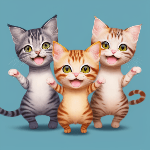 AI generated: three little cats with cute faces in cartoon style playing full body