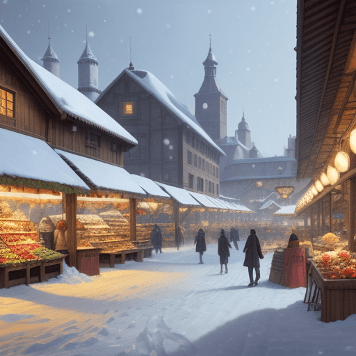 AI generated: a marketplace in bright light with snow