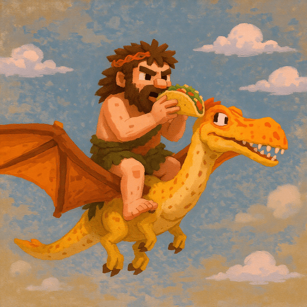 AI generated: Pixelated caveman eating a taco while riding on a yellow pterodactyl 
