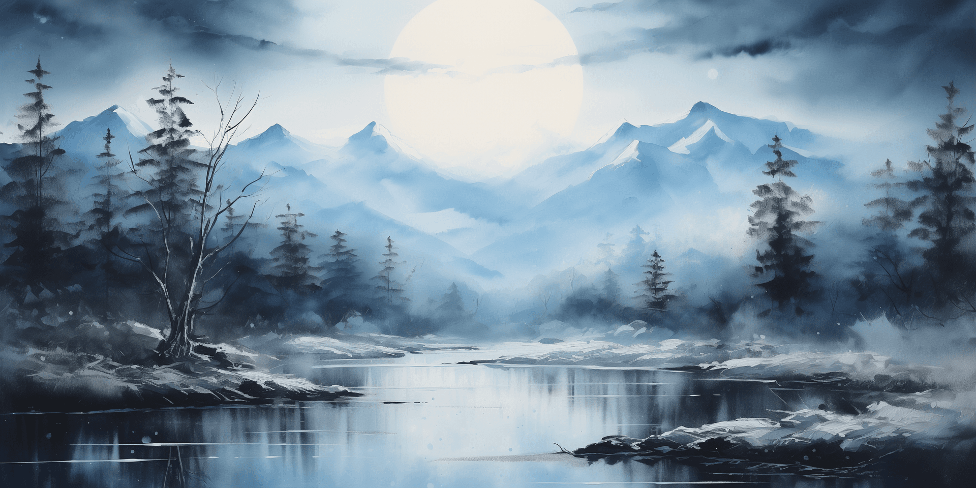 AI generated: watercolor painting, landscape, mountains far away, misty full Moon at night, cloud play, all in del...