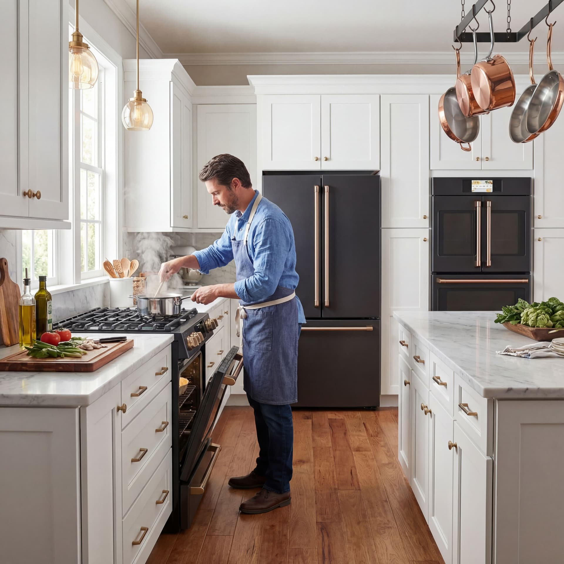 AI generated: Turn into lifestyle photo make it with luxury kitchen white cabinets. A male guy cooks. Realistic ph...
