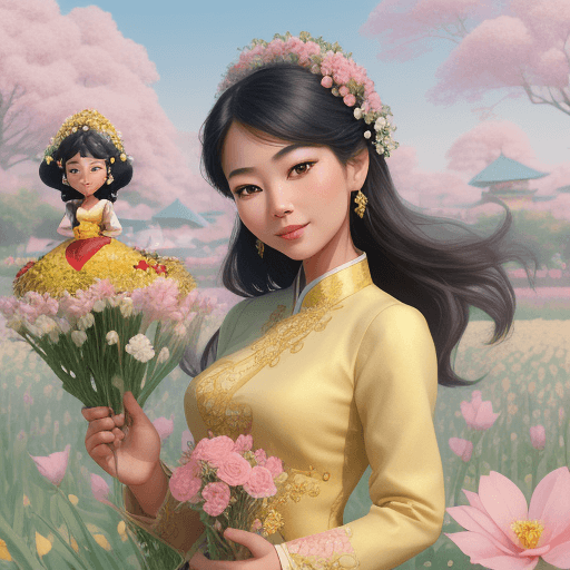 AI generated: a beautiful asian woman with luxury crop standing on flowers shop,smilling holding flowers,in the st...
