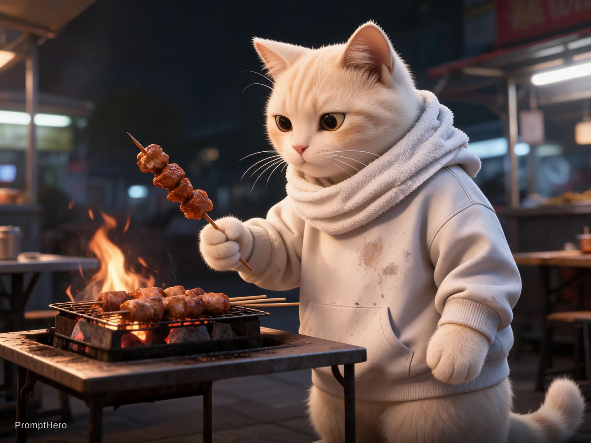 AI generated: Dramatic photo in 3D illustration, panorama, full body, anthropomorphic real cute creamy cat, wearin...