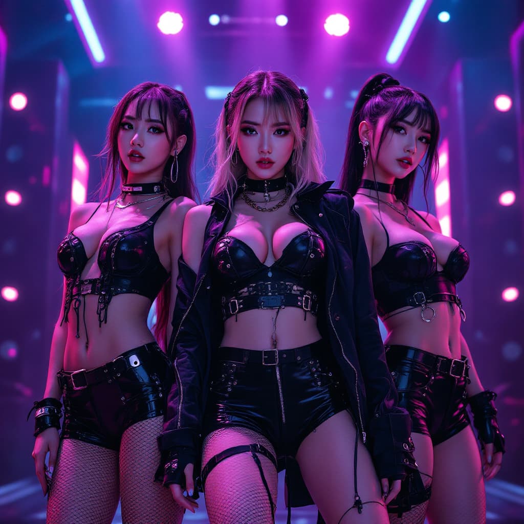 AI generated: three stunning k-pop female idols, modern and stylish outfits, dynamic poses, neon lighting, ultra-r...