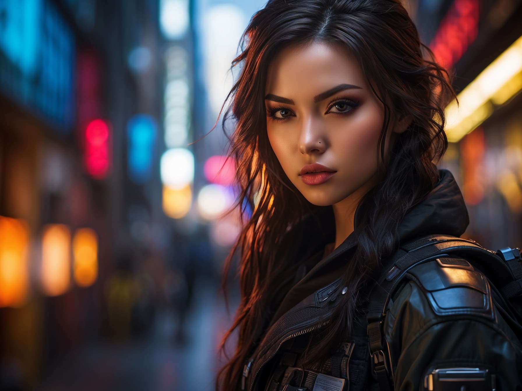 AI generated: a woman in a futuristic suit posing for a picture, cyberpunk art by Lü Ji, trending on cg society, r...