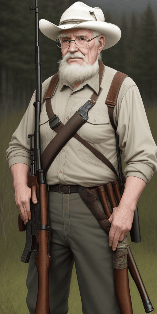 AI generated: Really hunters with rifle in the hand, old man with white barb, seeing very uggly