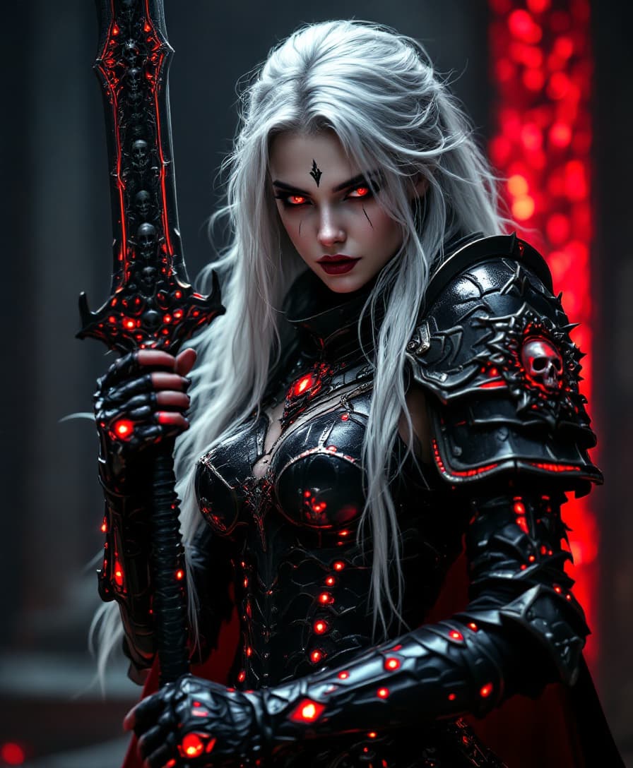 AI generated: A commanding and fearsome fantasy warrior woman clad in a jet-black suit of armor, accented with str...