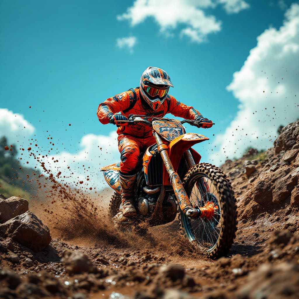 AI generated: Create a highly detailed and dynamic image of a motocross biker riding through a muddy terrain. The ...