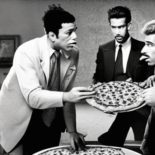 AI generated: journalist photo of two gangsters forcing a men to eat pizza with pineapple on the top