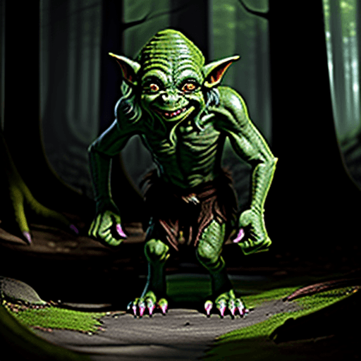 AI generated: DnD goblin with very big feet in a forest, cinematic light, photorealistic, mystical
