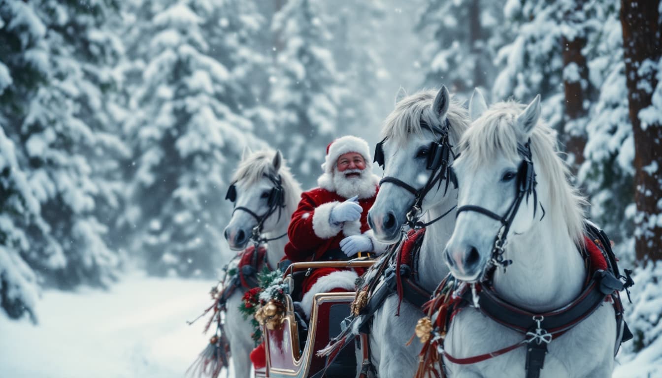 AI generated: Cinematic scene. Side view. Winter forest covered with snow. Horse team of three full-length snow-wh...