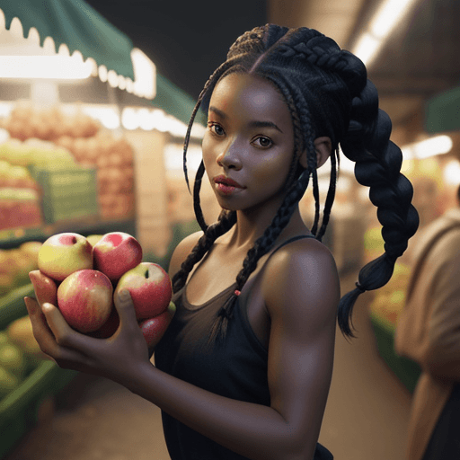 AI generated: Black girl with braids holding apples runs from people chasing her through the market, hyper-realism...