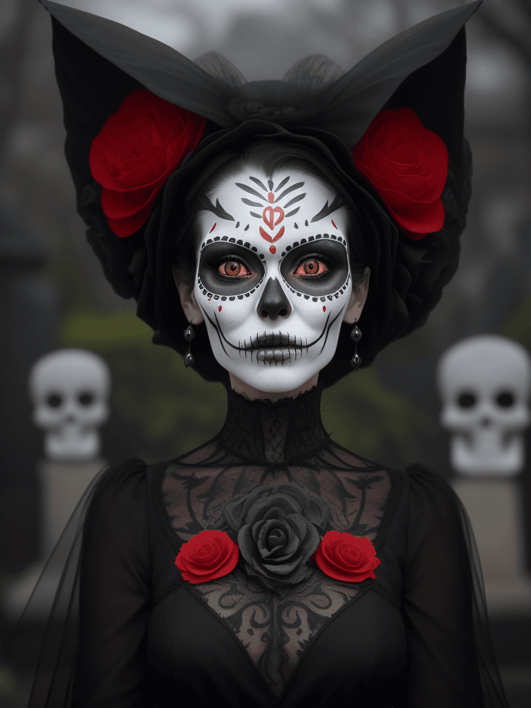 AI generated: Red fox  wearing elegant black suit Catrin Face painting  style Day of the Dead celebrations Mexico,...