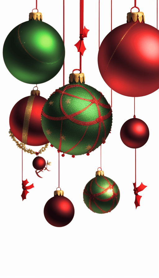 AI generated: Christmas banch and many different hanging balls on white background,

