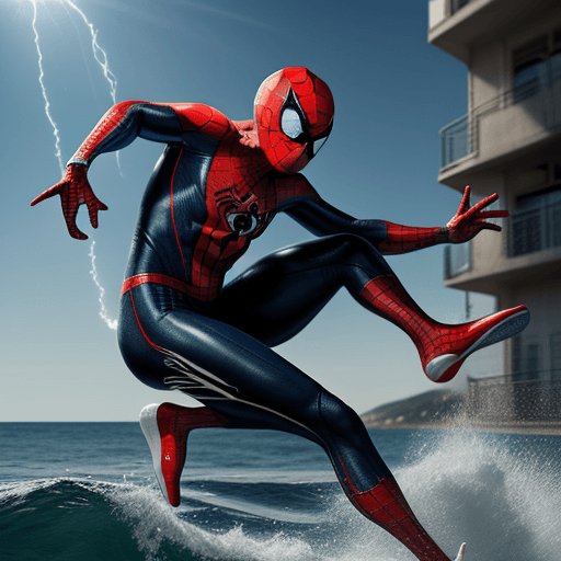 AI generated: create image of man, moviment in the sea place, spiderman wearing nike air jordan --s 250 --uplight