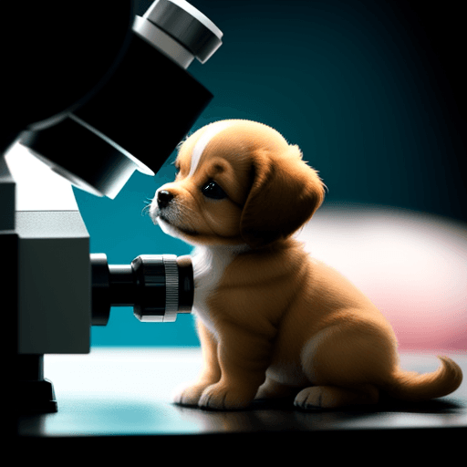 AI generated: tiny puppy being viewed through a microscope, side angle