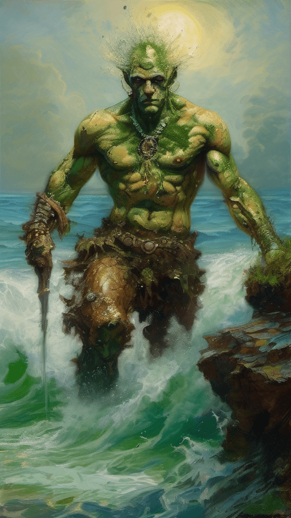 AI generated: Inpunk art by Gustave Moreau, Thomas Kinkade, James Gurney, Frank Frazetta, Mr Nimbus Ocean Man. oil...