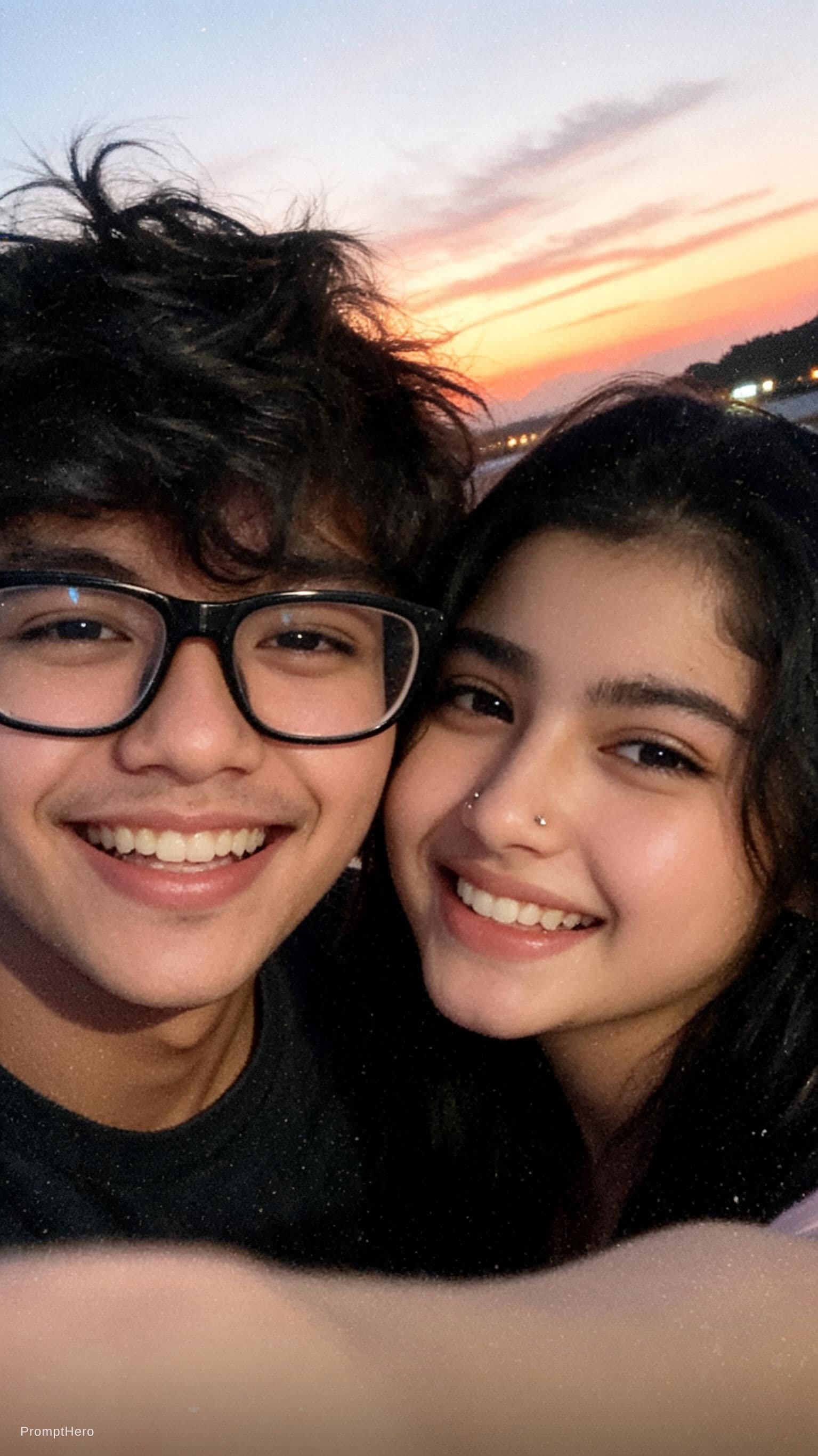 AI generated: generate a realstic couple image going on a trip together enjoying and chilling. don't change the fa...