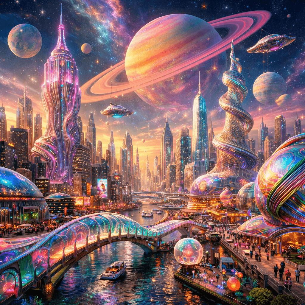 AI generated:  surreal, psychedelic New York City in the year 3,000. high detail. Photo realistic. 