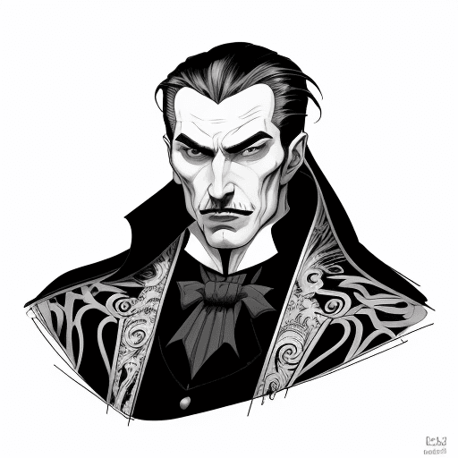 AI generated: Dracula in castle, black lines white background, clean simple line art, no background, clean colorin...
